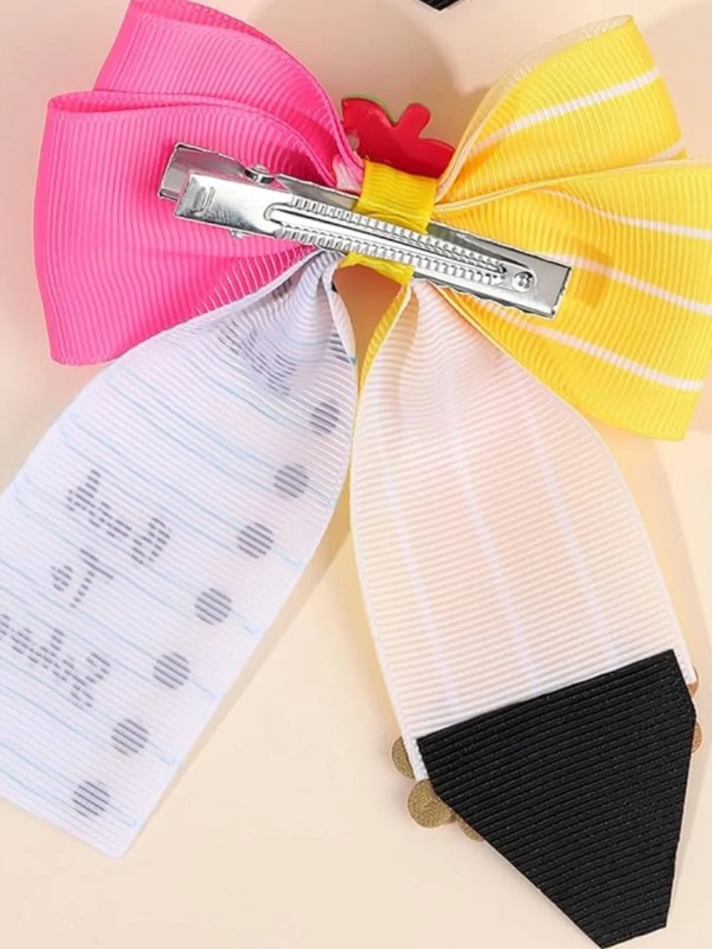 Back to School Pink & Yellow Girls Hair Bow with Apple Accent